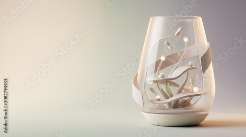 Abstract geometric object with rounded shapes and glowing orb in a light blue and beige palette