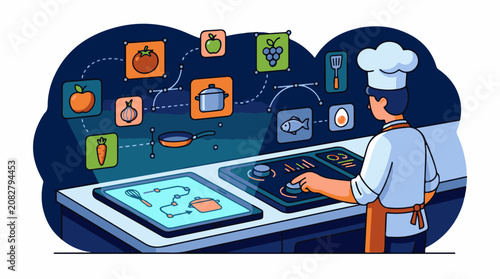 Chef interacting with futuristic digital interface for recipe planning and execution