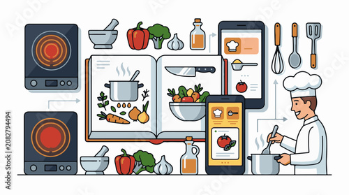 Chef using digital tools to follow recipe and cook