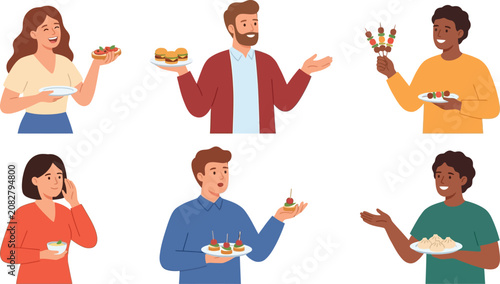 Diverse people holding various appetizers and finger foods a flat vector illustration for party catering food tasting or social gathering concepts isolated on white background