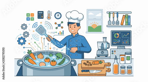 Chef preparing smart meal with data analysis and kitchen automation