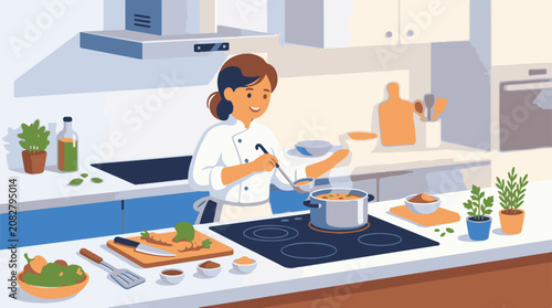 Chef preparing soup in a modern kitchen