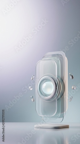 Layered abstract shape resembling a camera lens with glowing center and droplets