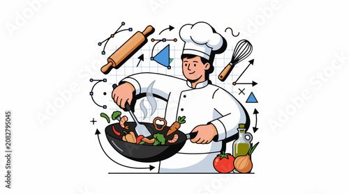 Chef preparing vegetables in a wok with kitchen tools and graphics