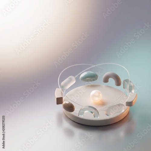 Abstract geometric composition with orbiting shapes and a central pearl on a pedestal