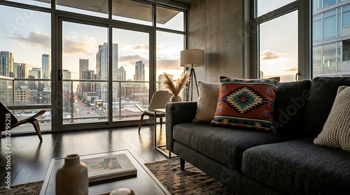 Modern urban living room with panoramic city view at sunset