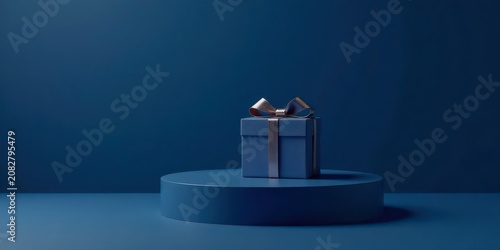 A single elegantly wrapped present sits atop a circular pedestal against a deep blue backdrop