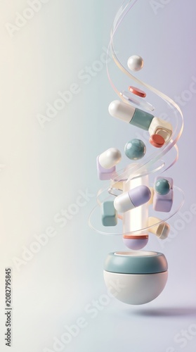 Floating abstract medication capsules and pills with clear ribbons in a falling motion