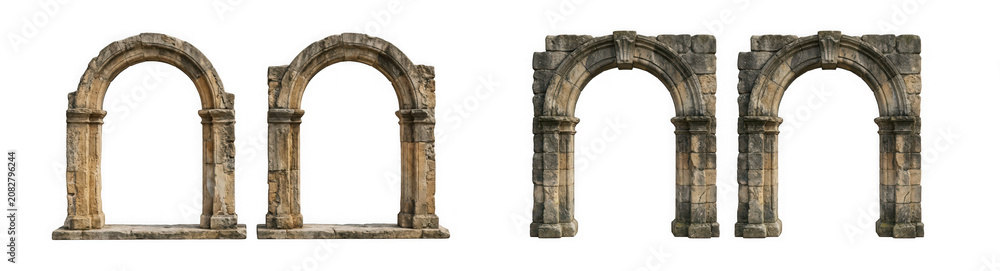 Obraz premium Set of weathered stone archways with classic architectural details isolated on transparent background