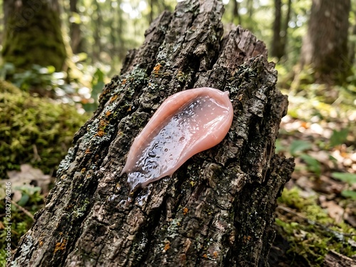 Fungal growth on tree trunk in forest environment with moss and leaves