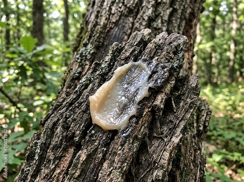 Mushroom growth on tree bark in a forest environment with green foliage