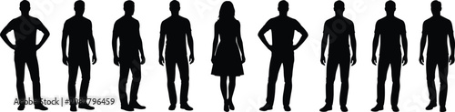 Fotografie Human silhouette lineup, gender contrast pose, diverse standing figures, posture