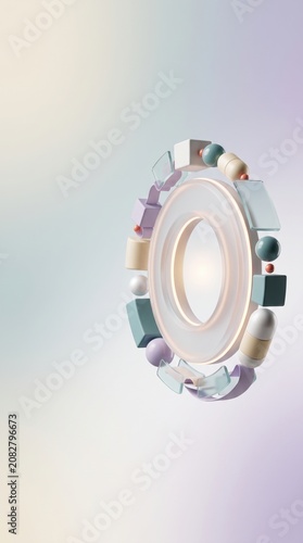 Circular abstract structure with geometric shapes and spheres, gradient background