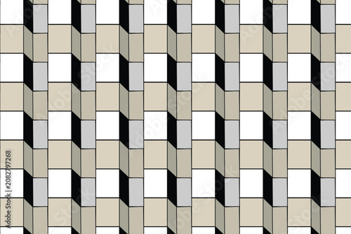 Geometric seamless pattern with 3D block effect, modern architectural texture in beige and grey, abstract isometric cube background for interior design