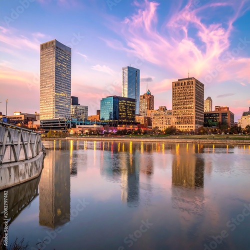 Modern city skyline reflected in calm water at dusk with colorful sky
