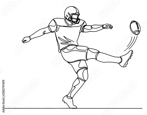 Continuous Line Drawing of American Football Player Kicking the Ball. Minimalist Sports Vector Illustration, Active Kicker Athlete Contour Outline Art Silhouette on White Background.
