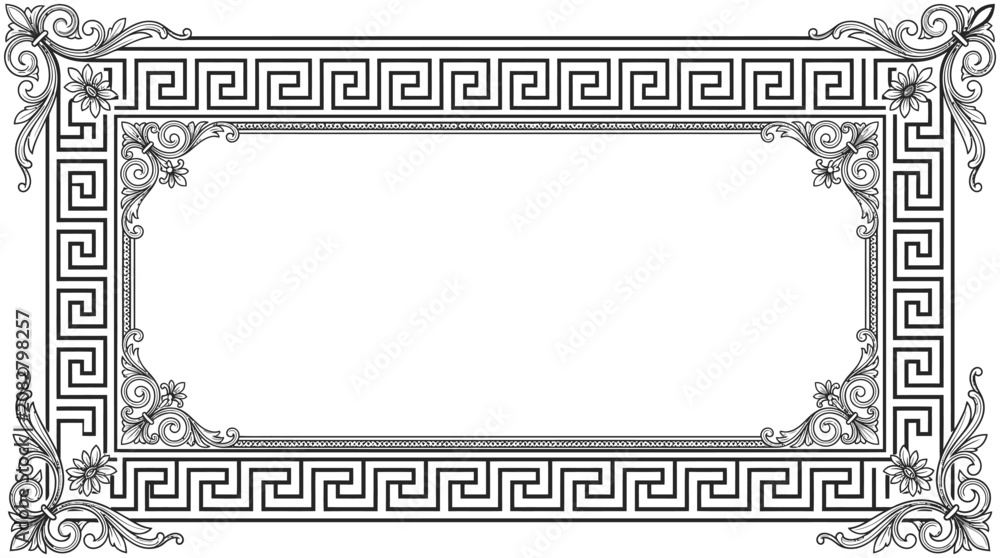 Photography Classic Greek Key Pattern Rectangular Frame, Ancient Meander Border Design on Isolated White Background