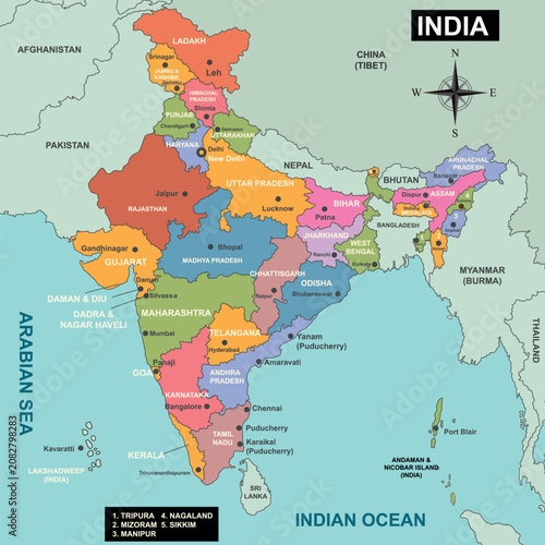 Colorful political map of India with states and capital cities vector illustrat