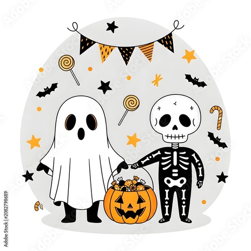 Cute cartoon ghost and skeleton characters holding pumpkin candy bucket for halloween celebration illustration Happy Halloween