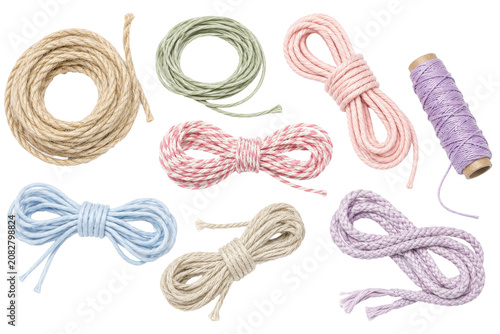 Set of pastel craft cords and ropes, isolated png.