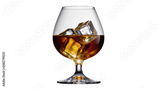 Photos Amber whiskey with ice cubes in a brandy snifter glass
