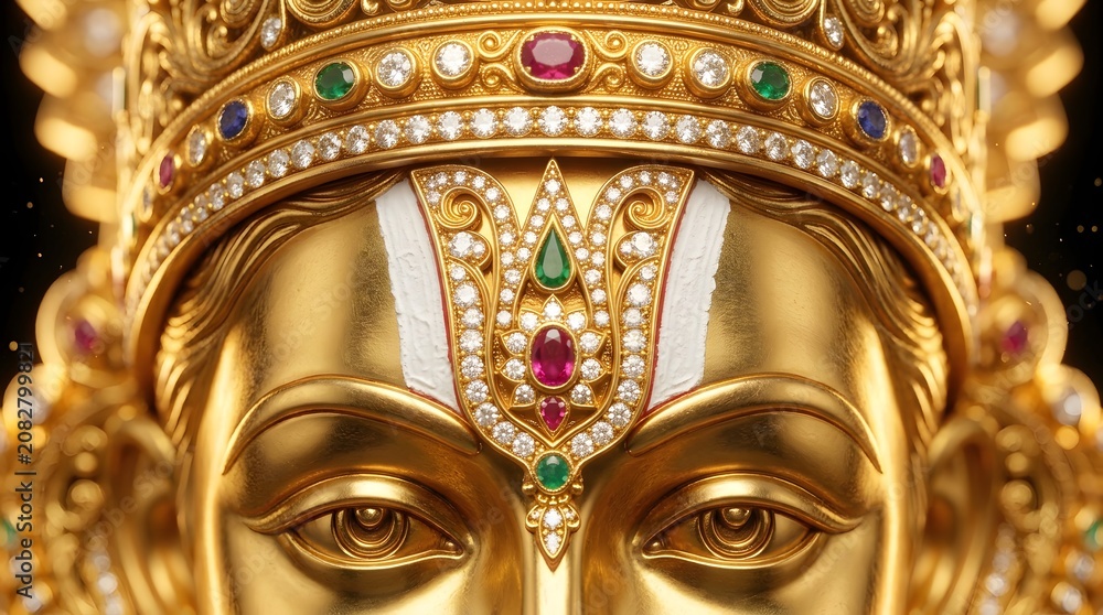 Fototapeta premium Ultra realistic extreme macro close up of the golden statue of Lord Venkateswara filling nearly the entire frame with only the serene divine face upper crown forehead ornament and a small portion of t