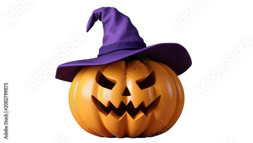 Fotografía Scary Jack-o-lantern with purple witch hat