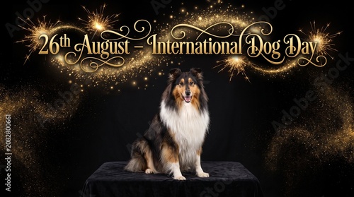 International dog day celebration with a beautiful shetland sheepdog on a magical black background with golden