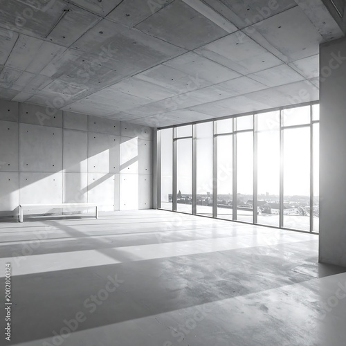 Modern concrete interior with large windows and natural light casting shadows