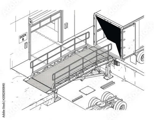 Industrial loading dock illustration with portable ramp and trailer