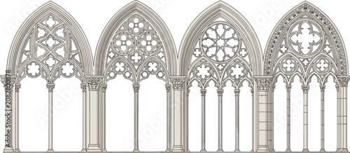 Tableau sur toile Gothic window arch illustration, cathedral tracery design, pointed arches, ornat