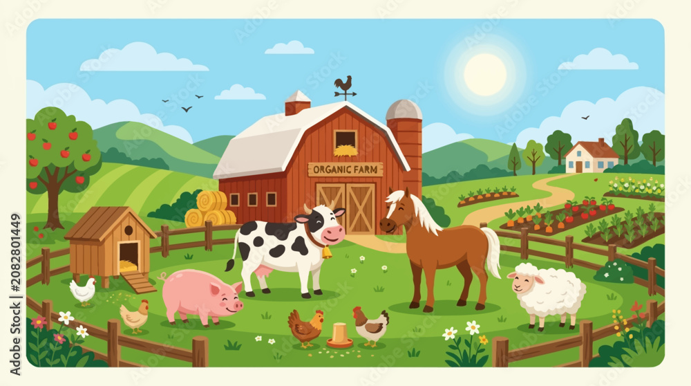 Naklejka premium A vibrant cartoon illustration of a lively organic farm scene with various happy animals, a red barn, green fields, and a sunny sky.