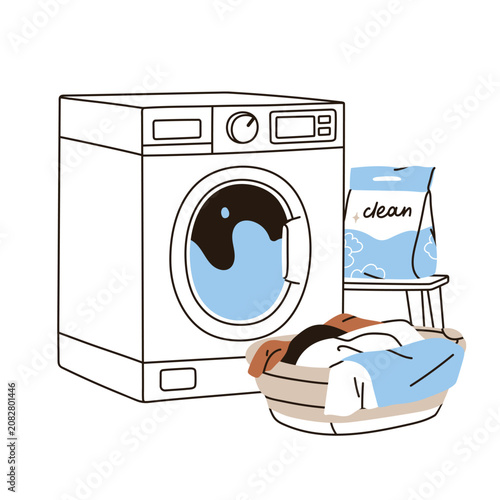 Washing machine with laundry basket, linen heap and detergent powder. Home wa...