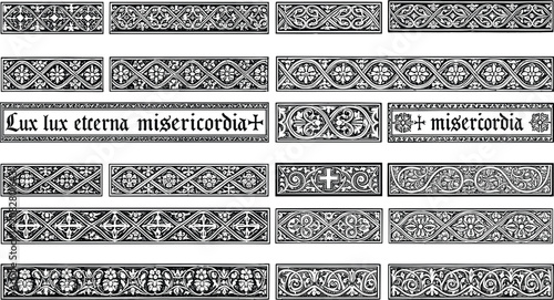Foto Gothic border illustration, ornate religious panel, Latin text design, Christian