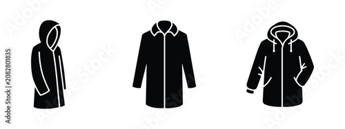 Schilderij op canvas Raincoat and hooded jacket icon set, weather fashion outdoor clothing symbols, p