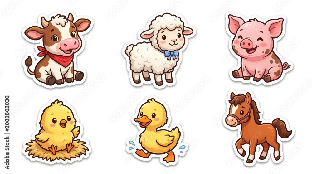 Fototapeta premium Cute cartoon baby farm animals sticker set featuring a calf, lamb, piglet, chick, duckling, and foal on a white background.