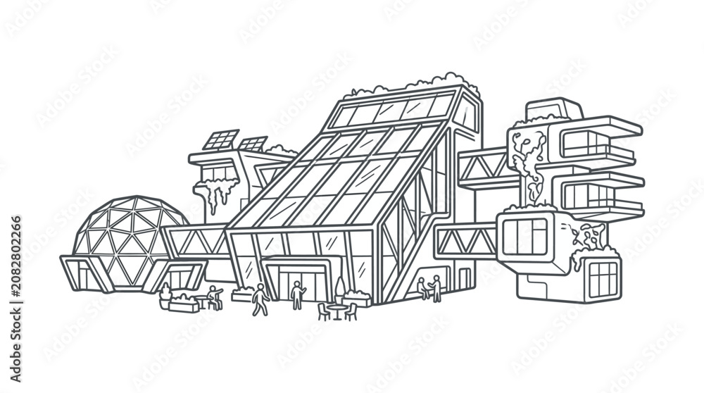 Obraz premium Dynamic Black and White Line Drawing of Futuristic Urban Complex with Geometric Buildings People and Unique Architecture
