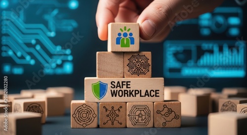 Stack of boxes for safe workplace with icons and hard hat