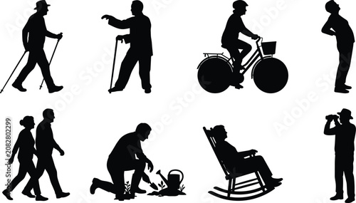 Senior people silhouettes set featuring elderly citizens gardening riding bicycle walking using walking sticks and rocking chair