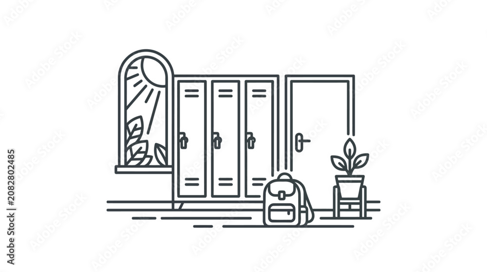 Obraz premium Elegant Minimalist Line Drawing of School Locker Room with Backpack Plant and Sunlight with high quality professional line art symbols for modern creative design and digital branding projects
