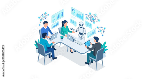 Εκτύπωση καμβά Business team collaborating with humanoid artificial intelligence robot