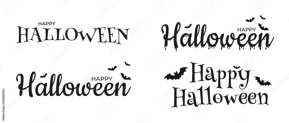 Fototapeta premium Set of four Happy Halloween text designs in spooky fonts with bats, dripping letters, and decorative styles, black typography on white background for festive projects