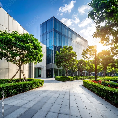 Modern glass office building exterior with landscaped greenery and sunlight