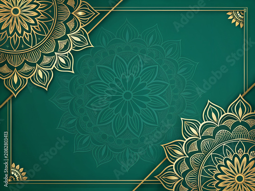 Modern minimal Indian vector background with elegant mandala corner decoration, large copy space, deep emerald green background, flat design