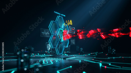 Digital hexagonal server processing unit with glowing red data packets transfer in virtual computing environment hexagonal technology computing processor