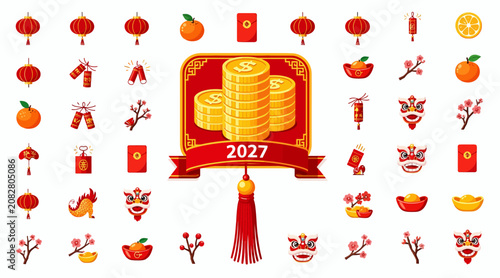 chinese new year 2027 icons, gold coins, lanterns, oranges