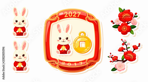 Chinese New Year 2027 Rabbit Mascot Coin Fortune Red Flowers Festive Design