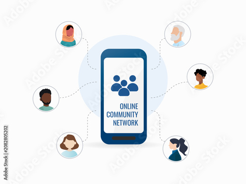 Online community network concept with diverse users connected through mobile platform vector illustr mobile phone connecting diverse people in online community network