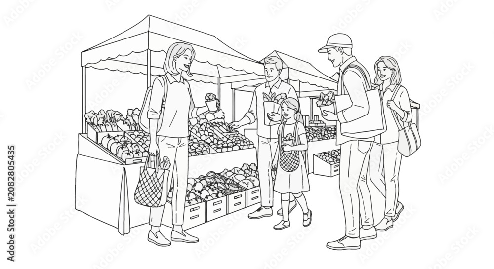 Obraz premium Black and white line art illustration of people and a family with a child shopping for fresh vegetables and produce at an outdoor farmers market with vendor tents and stalls.