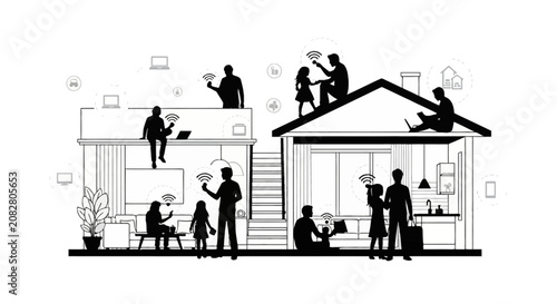 Black and white silhouette illustration of a modern house cross-section showing a family using various smart home devices and wireless technology with connected internet icons.